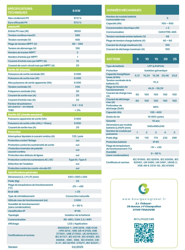 kit coupling AC onduleur hybride  6kw + batterie 5 kwh + back up  monophasé Bourgeois Global