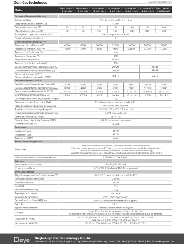 Onduleur Hybride Triphasé DEYE  SUN 10K-SG05LP3-EU-SM2  10kw
