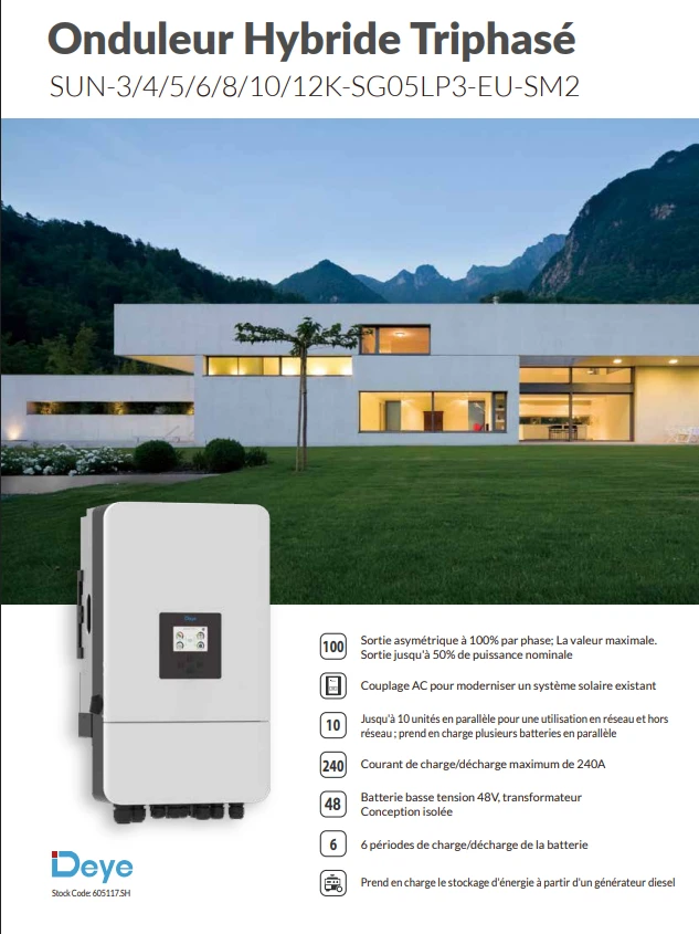 Kit couplage AC triphasé  8 kw DEYE hybride  + batterie 15 KWH