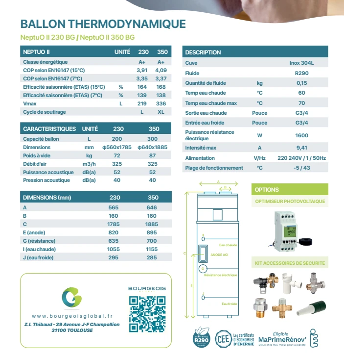 Chauffe eau thermodynamique Bourgeois Global Neptuo ll 300l pose inclus en remplacement existant , special instal pv