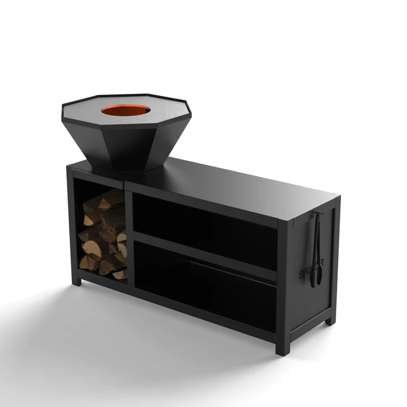 Brasero-Plancha 640 mm : Octogonal, avec socle taille XL - Finition Noire : peinture thermolaquée haute température - Idéal jusqu'à 7 convives