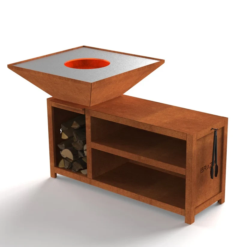 Brasero-Plancha 840 mm : Carré avec socle taille XL - Finition Rouille - Idéal de 8 à 15 convives