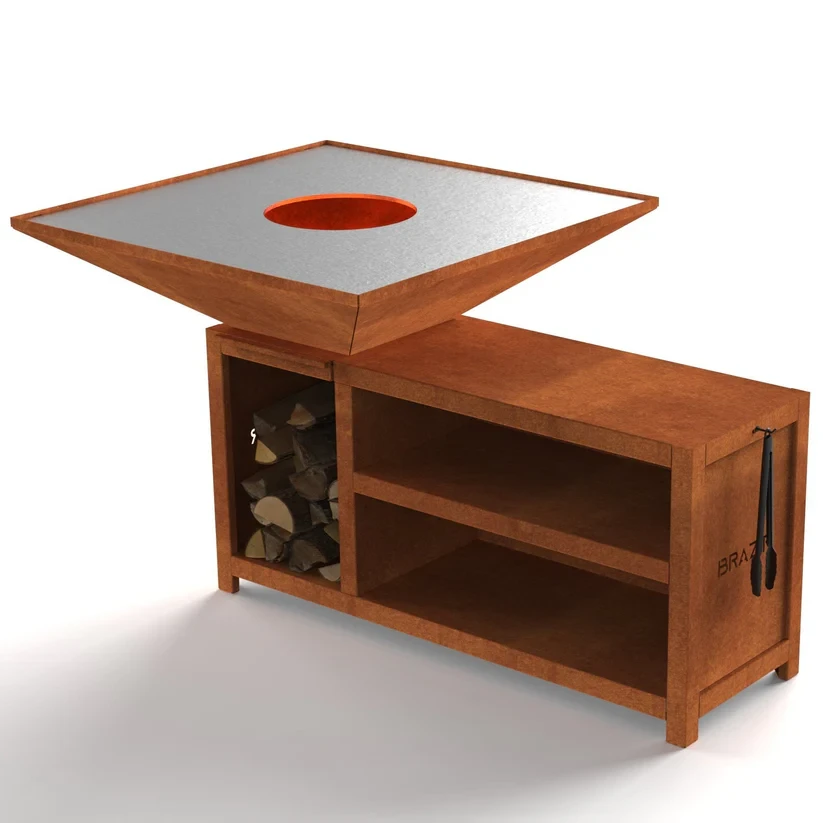 Brasero-Plancha 1040 mm : Carré avec socle taille XL - Finition Rouille - Idéal de 16 à 30 convives