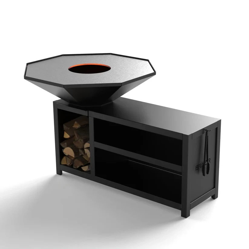 Brasero-Plancha 1040 mm : Octogonal avec socle taille XL - Finition Noire : peinture thermolaquée haute température - Idéal jusqu'à 30 convives