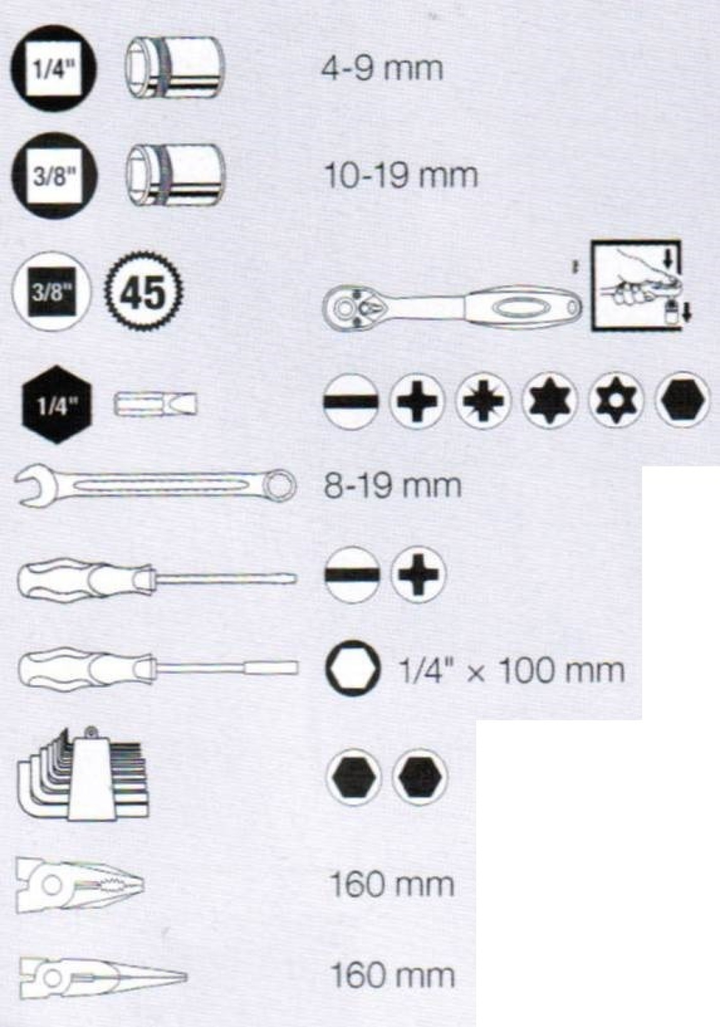 Coffret universel Basic Line 100 pcs 1/4″ – 3/8″ KRAFTWERK 204.103.500