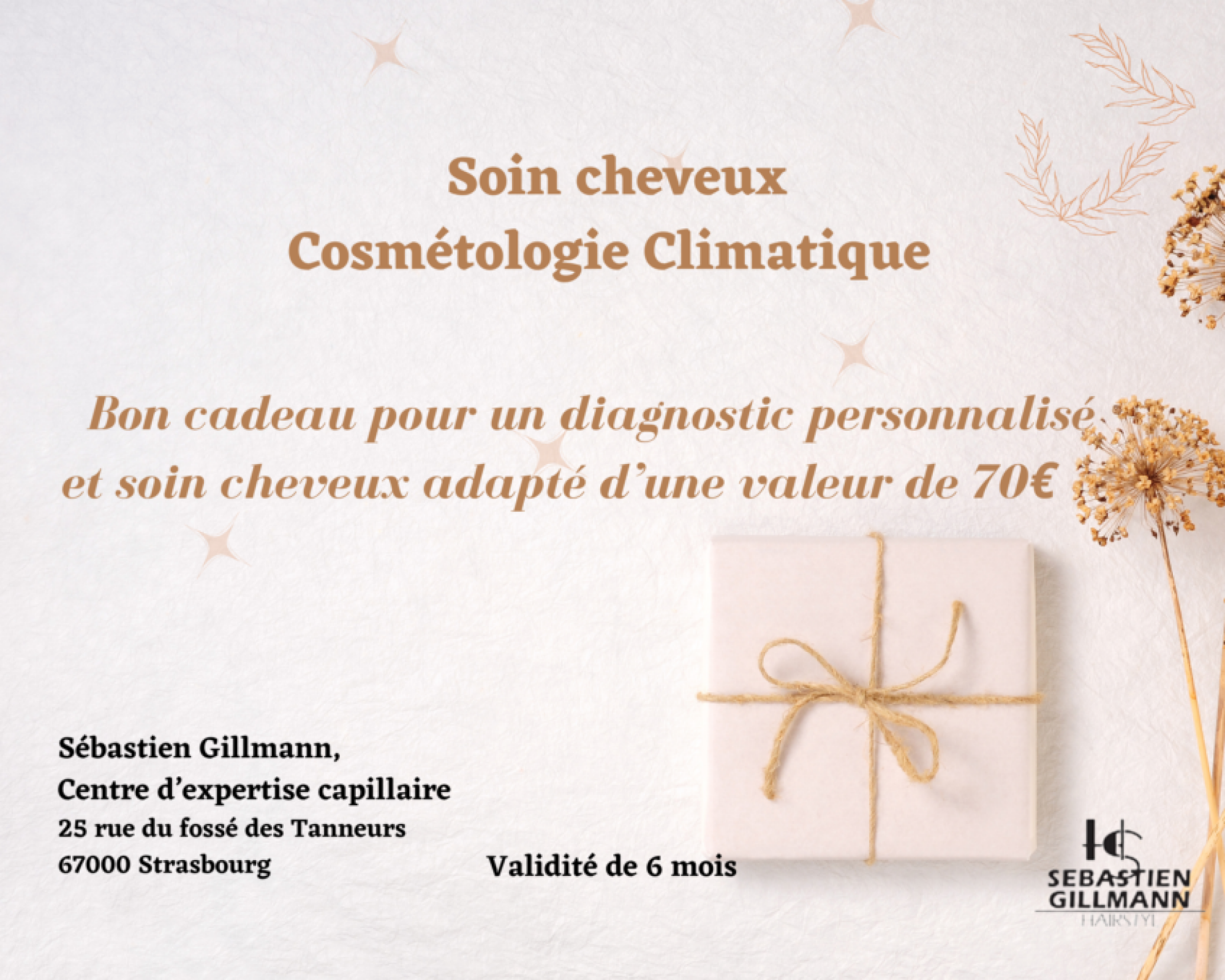 Bon cadeau, soin cheveux cosmétologie climatique