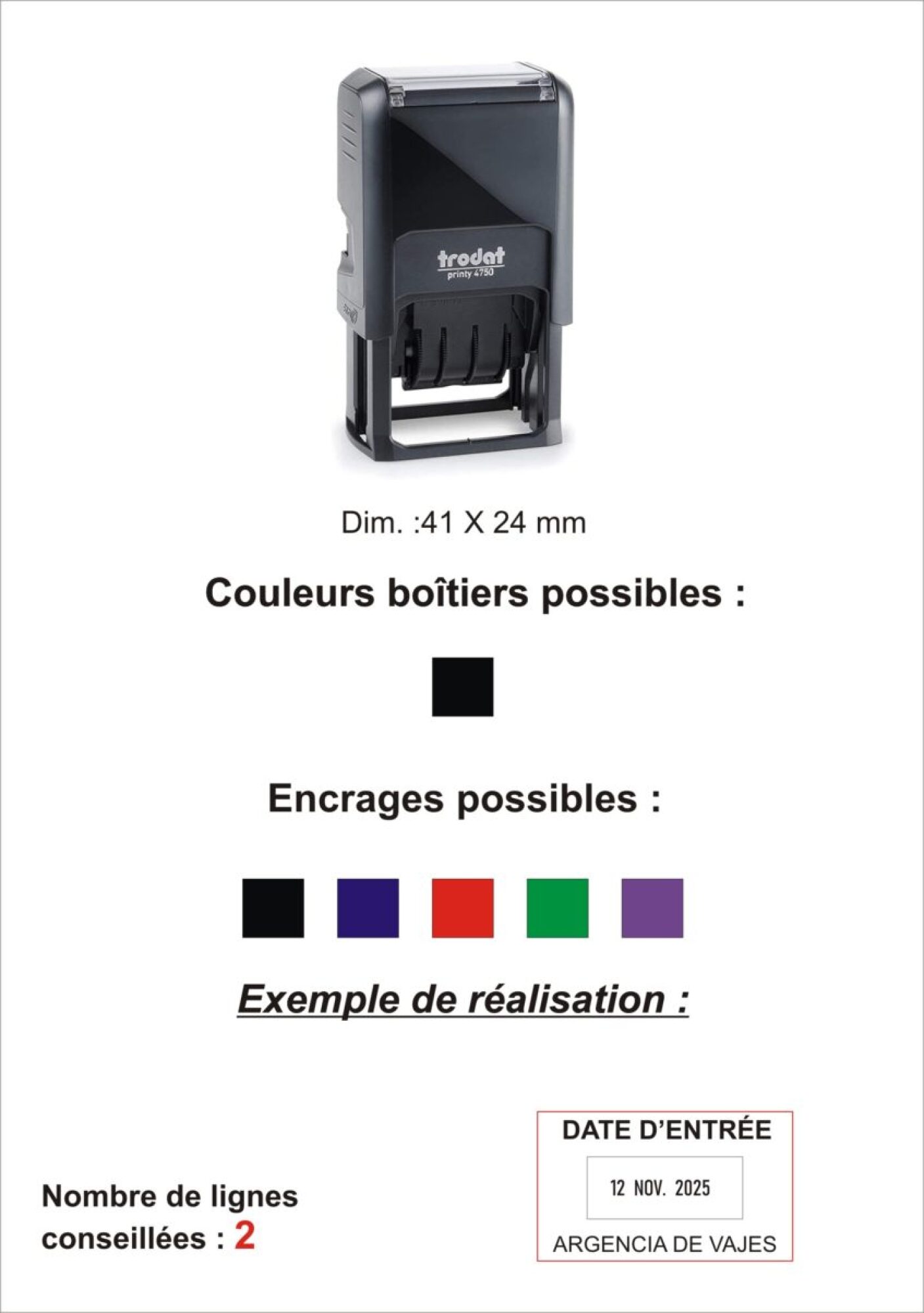 Vente tampon encreur caoutchouc 2 lignes dateur