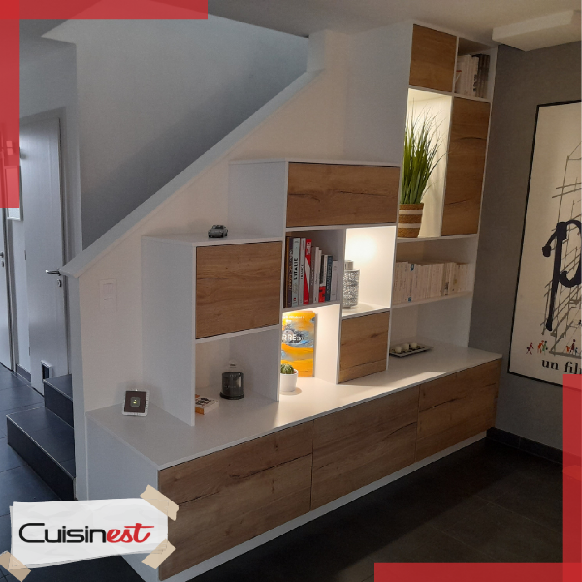 Création bibliothèque sur-mesure blanche et bois + éclairages intégrés