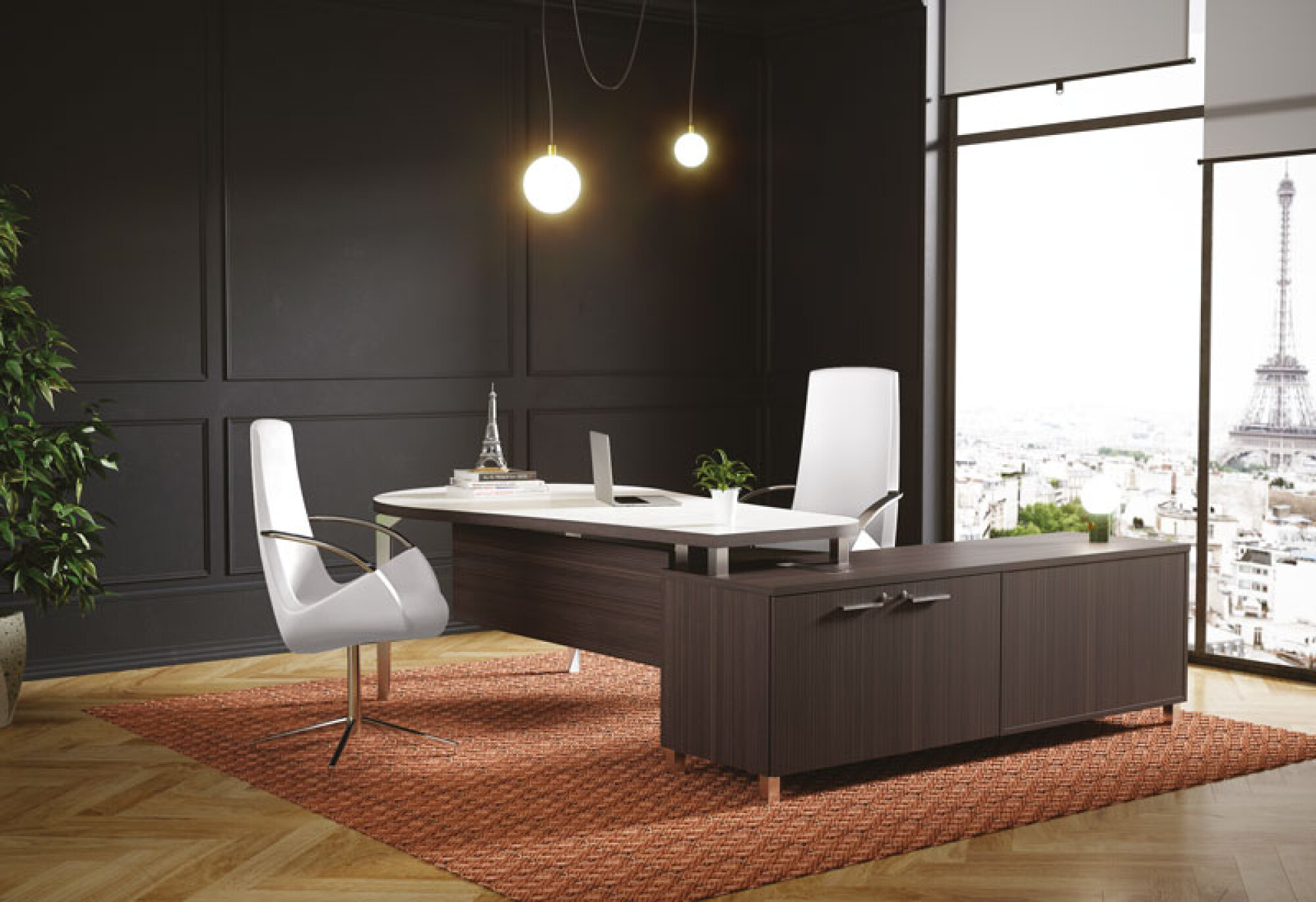 Bureau de direction Paris plan "goutte d'eau" avec crédence porteuse