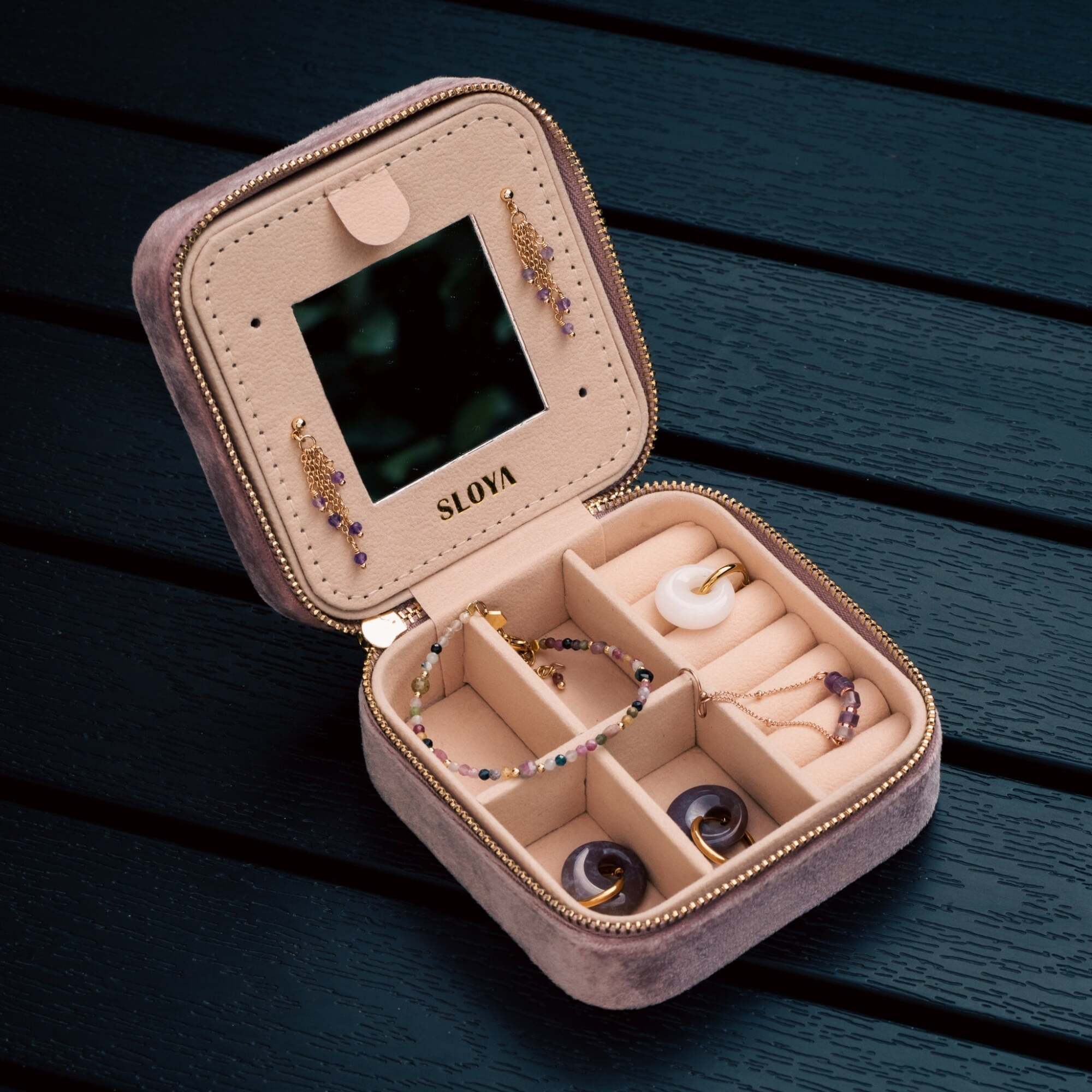 Boîte à bijoux velours rose pêche