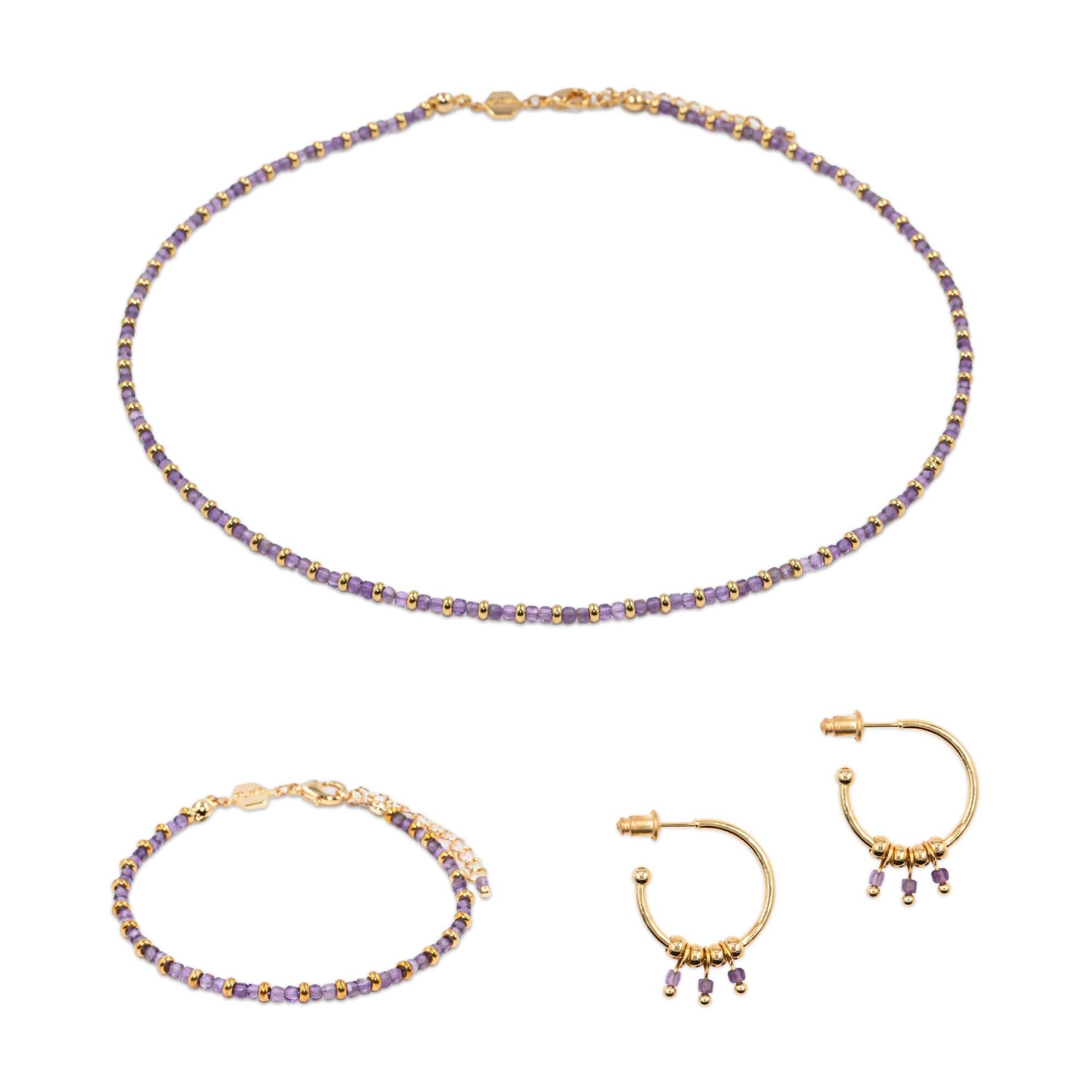 Collier, bracelet et boucles d'oreilles Karia en pierres Améthyste
