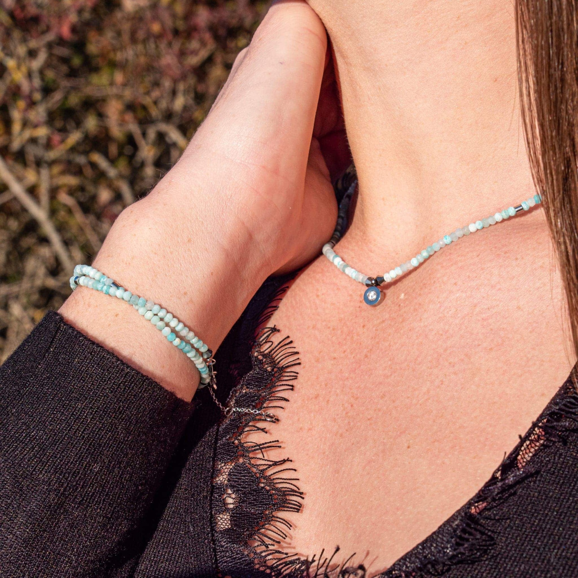 Collier, bracelet et boucles d'oreilles Lumia en pierres Amazonite