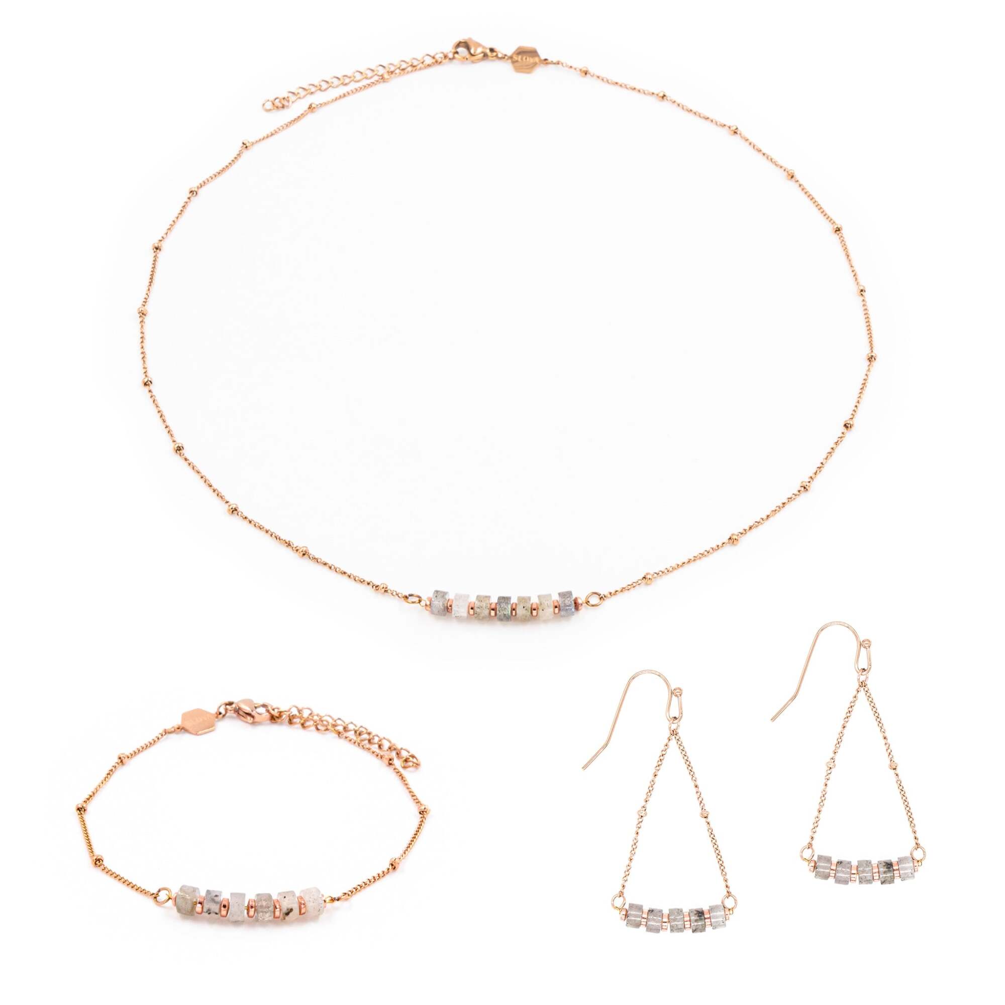 Collier, bracelet et boucles d'oreilles Piana en pierres Labradorite