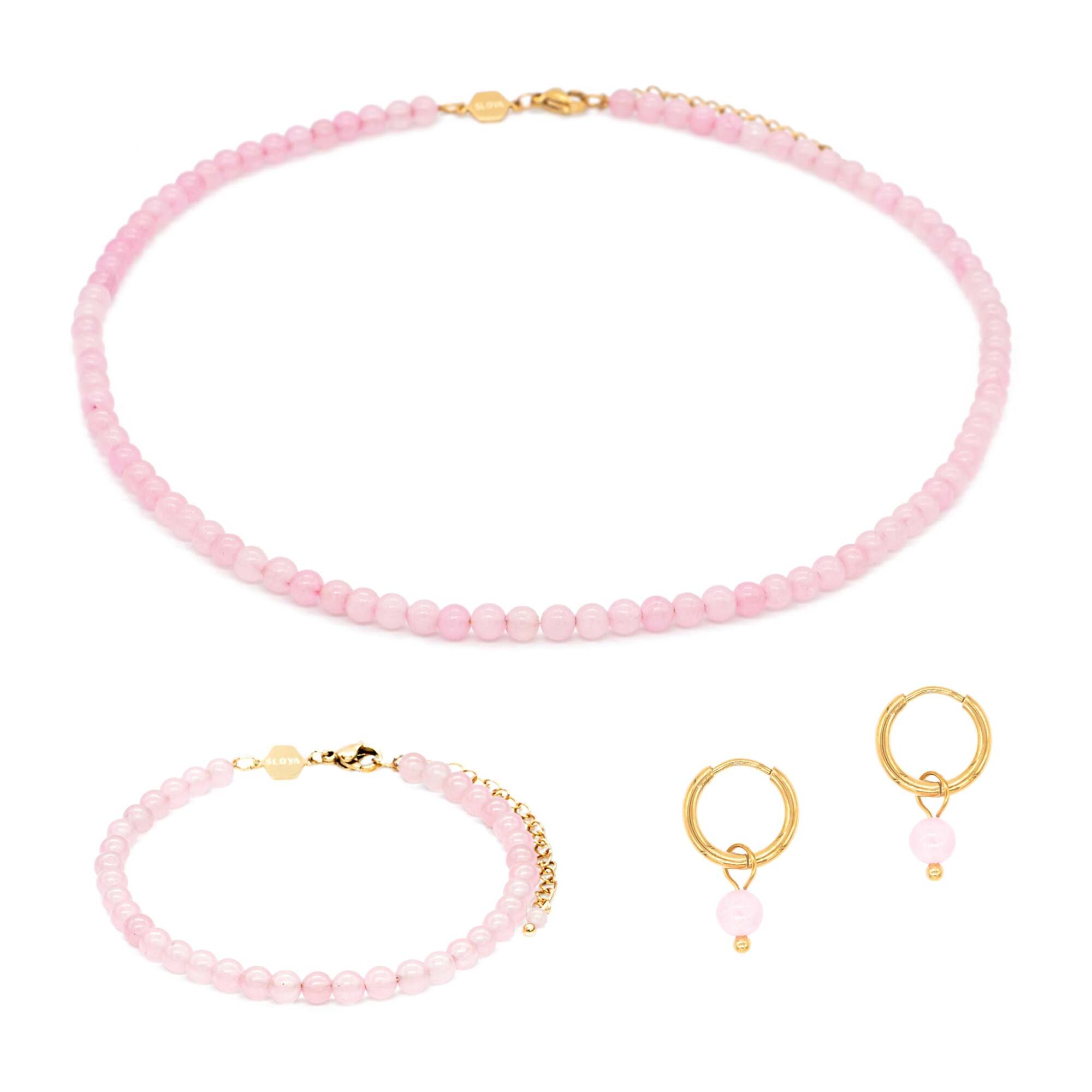 Collier, bracelet et boucles d'oreilles Serena en pierres Quartz Rose