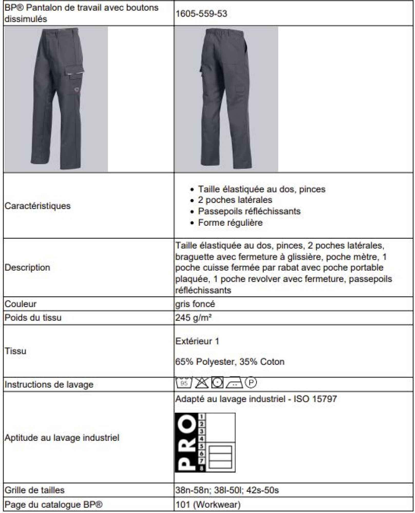 Pantalon de travail avec boutons dissimulés