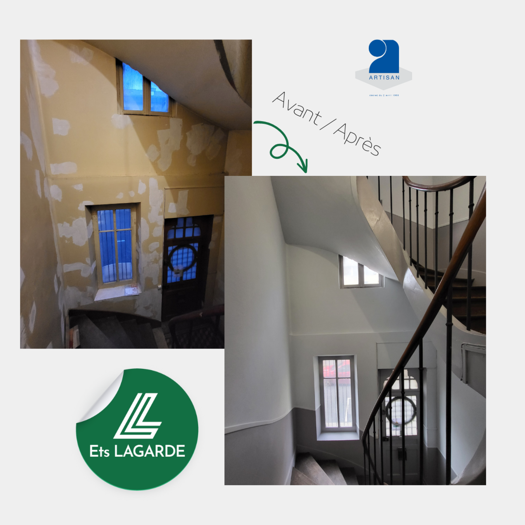 Rénovation peinture intérieure cage d'escalier d'immeuble en copropriété