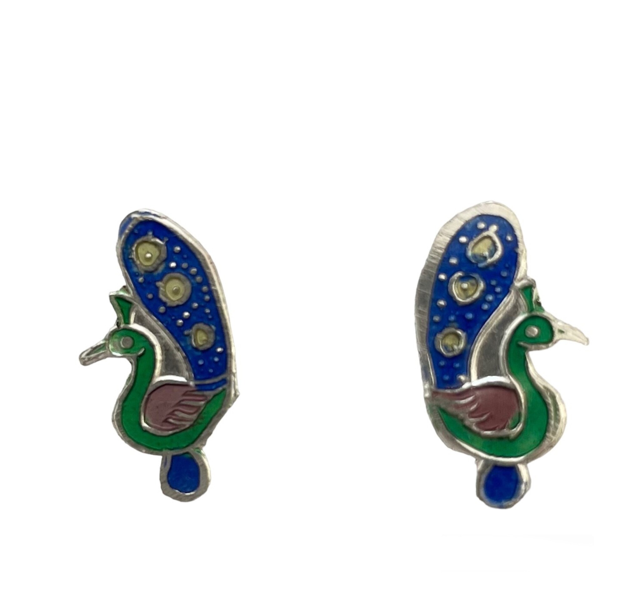 Boucles d'oreilles, clou d'oreille paon en argent et email