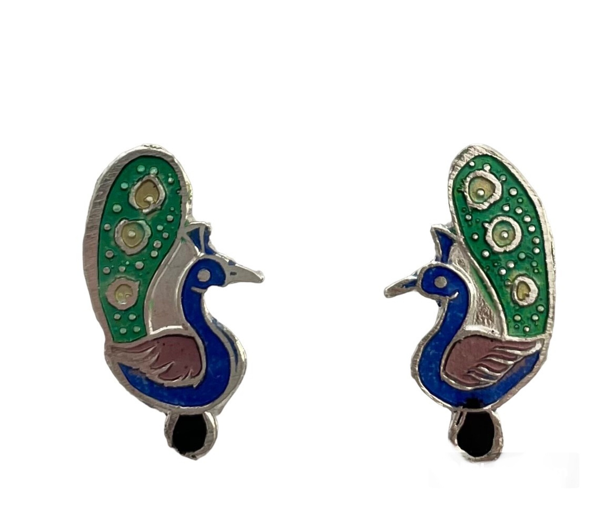 Boucles d'oreilles, clou d'oreille paon en argent et email