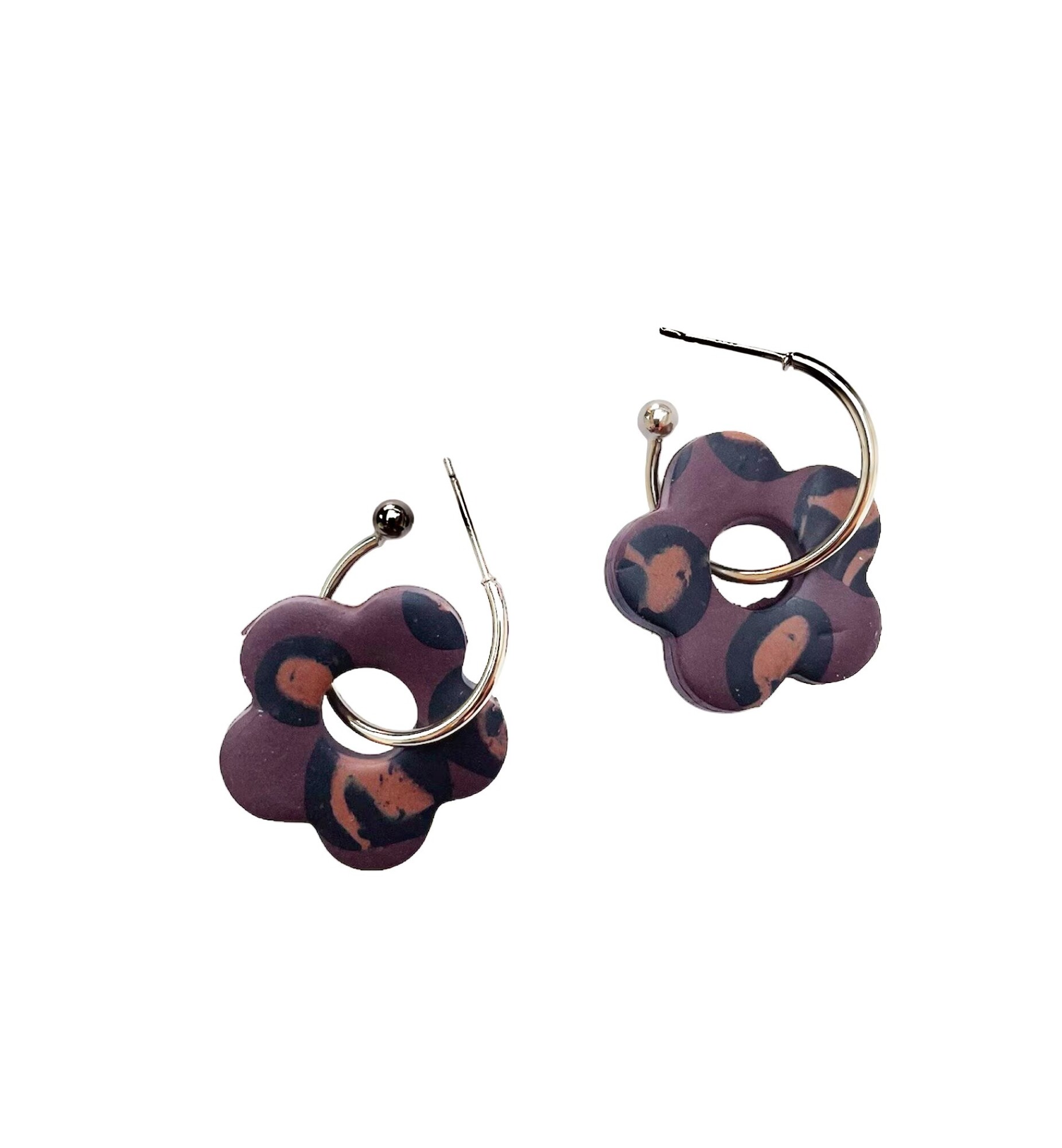 Boucles d'oreilles, créoles fleur marron - Modèle unique artisanal