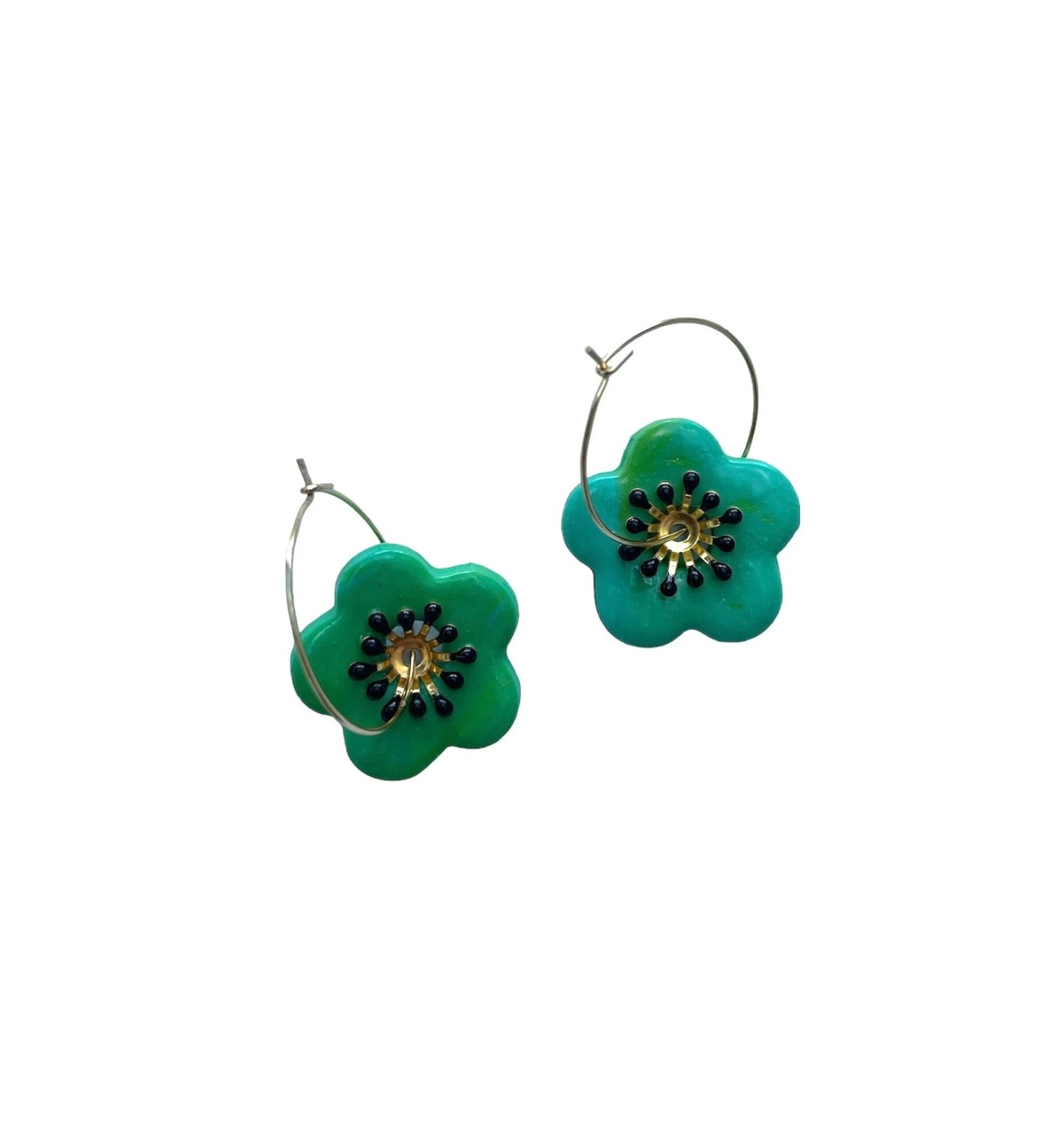 Boucles d'oreilles, créoles fleur verte - Modèle fait main