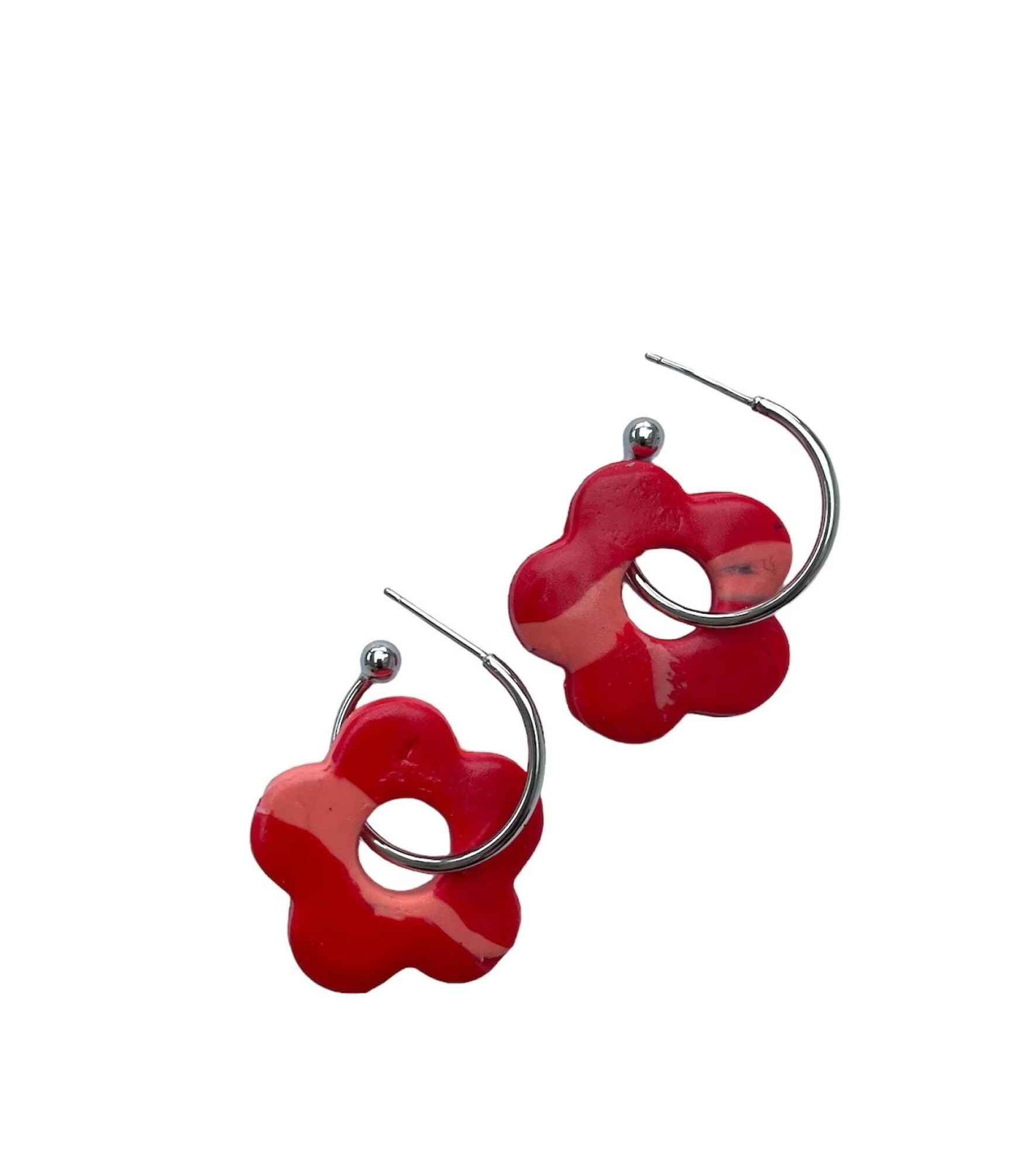 Boucles d'oreilles, créoles fleurs rouge et rose - Modèle fait main