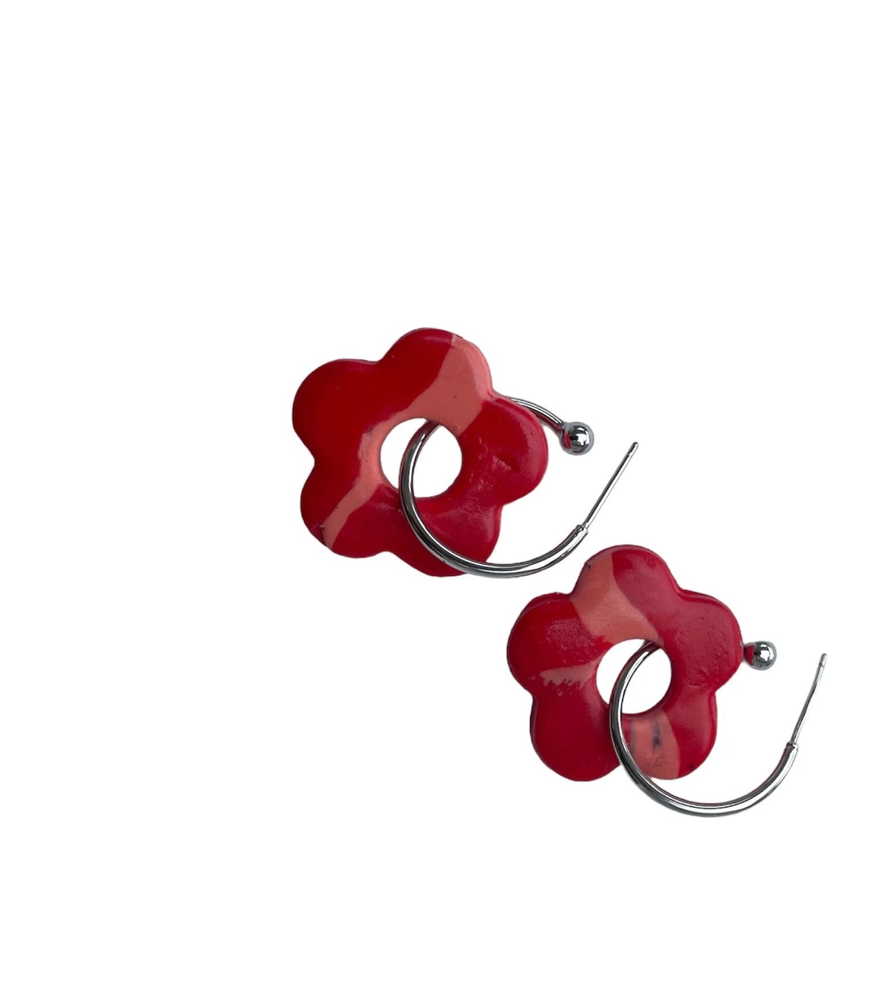 Boucles d'oreilles, créoles fleurs rouge et rose - Modèle fait main