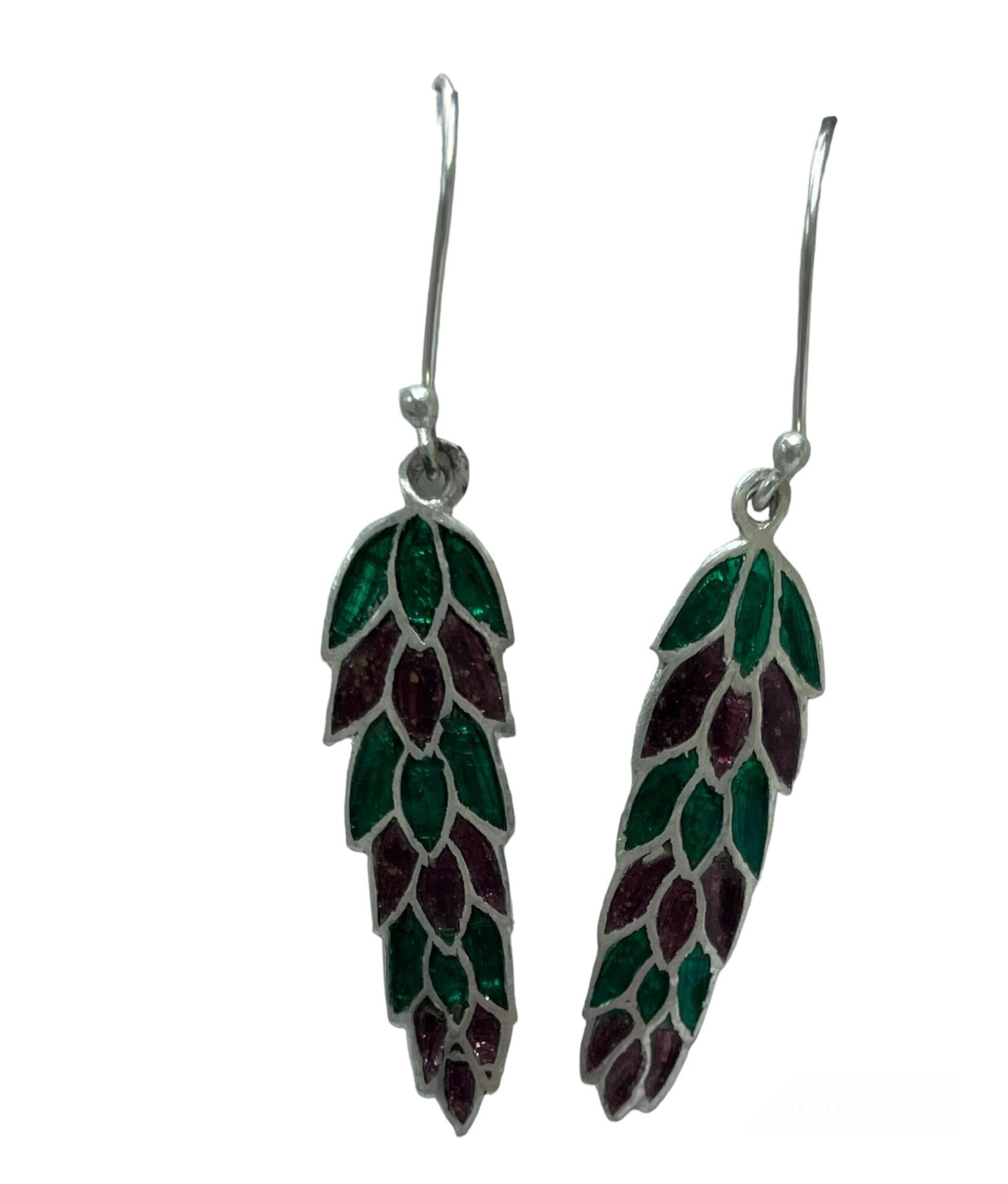 Boucles d'oreilles, feuilles en argent et émail