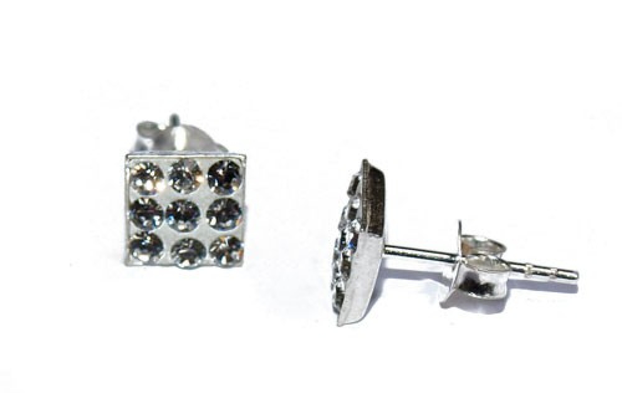 Boucles d'oreilles strass blanc et argent, forme carrée