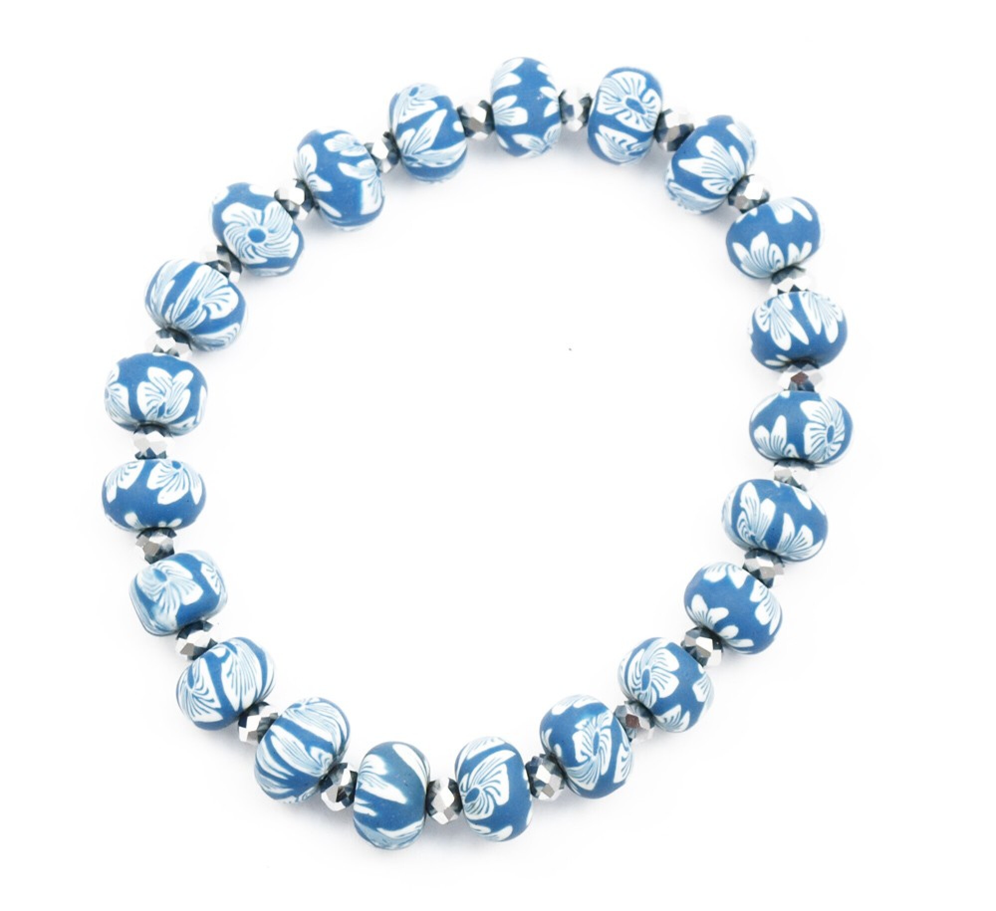 Bracelet élastique perles fleurs bleues et perle cristal