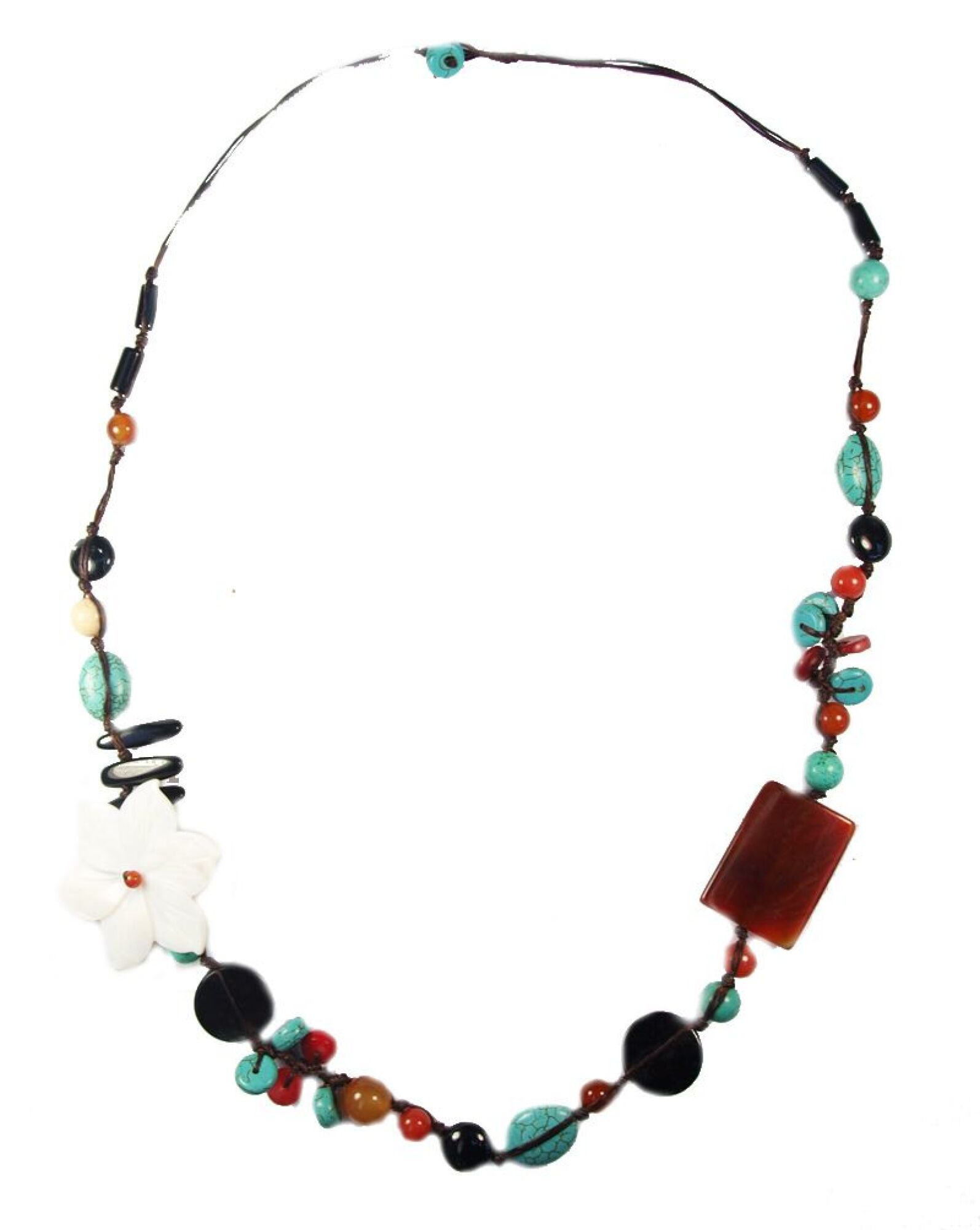 Collier en fil de soie et pierres naturelles, avec fleur blanche