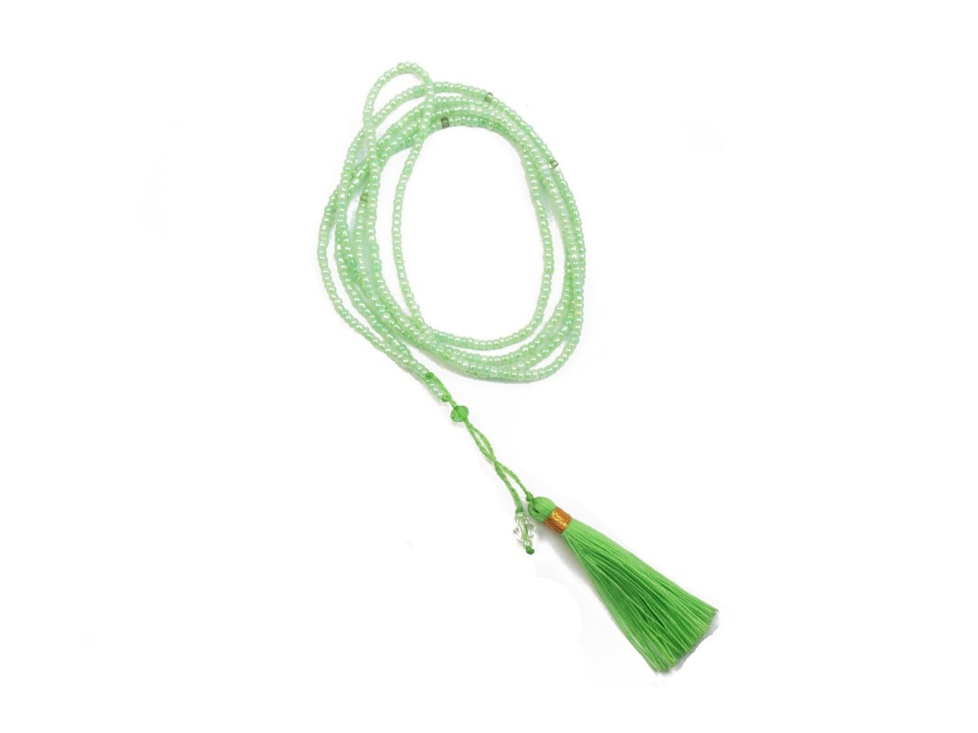 Collier long en perle de rocaille et pompon vert