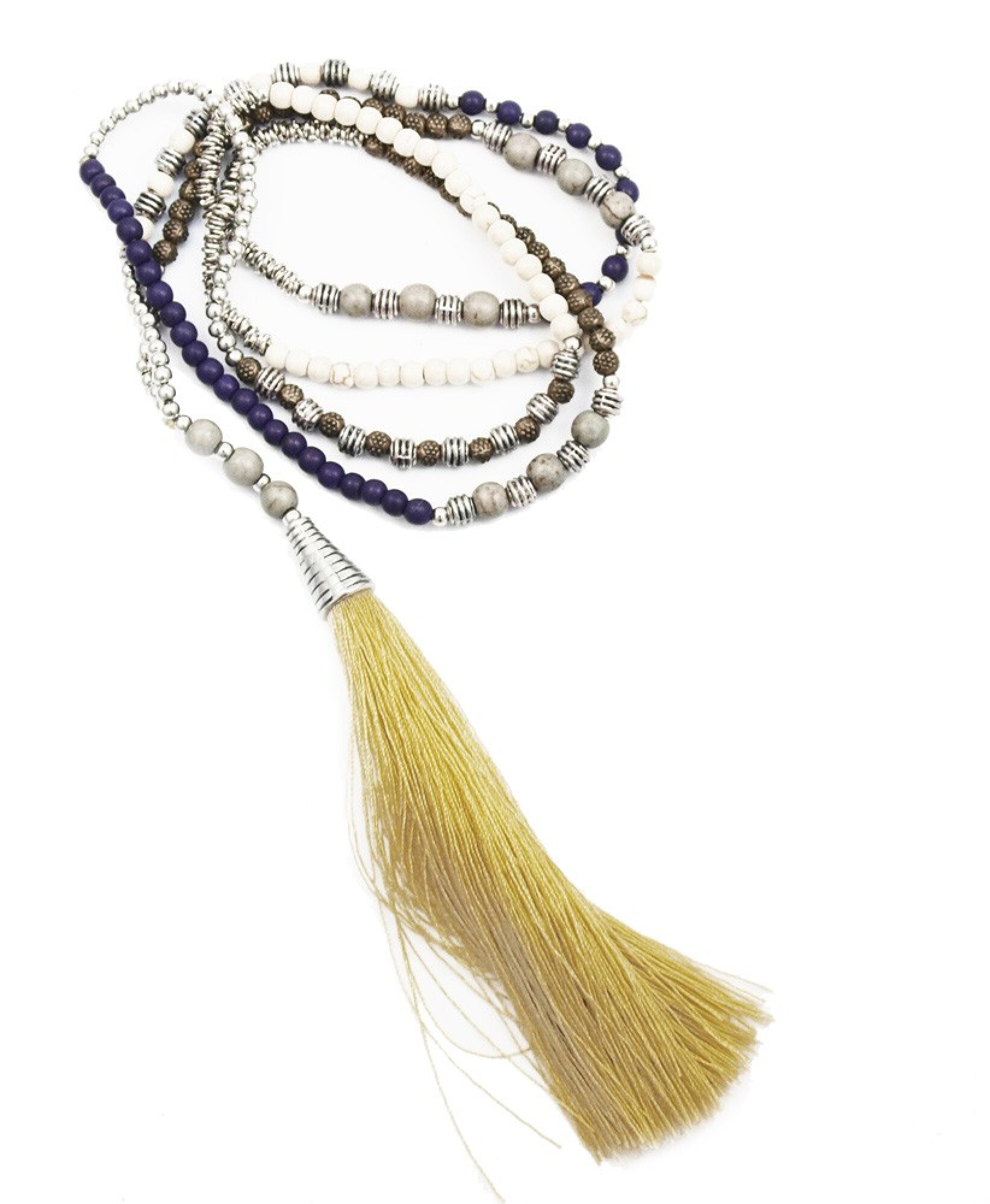 Collier pompon long beige et violet