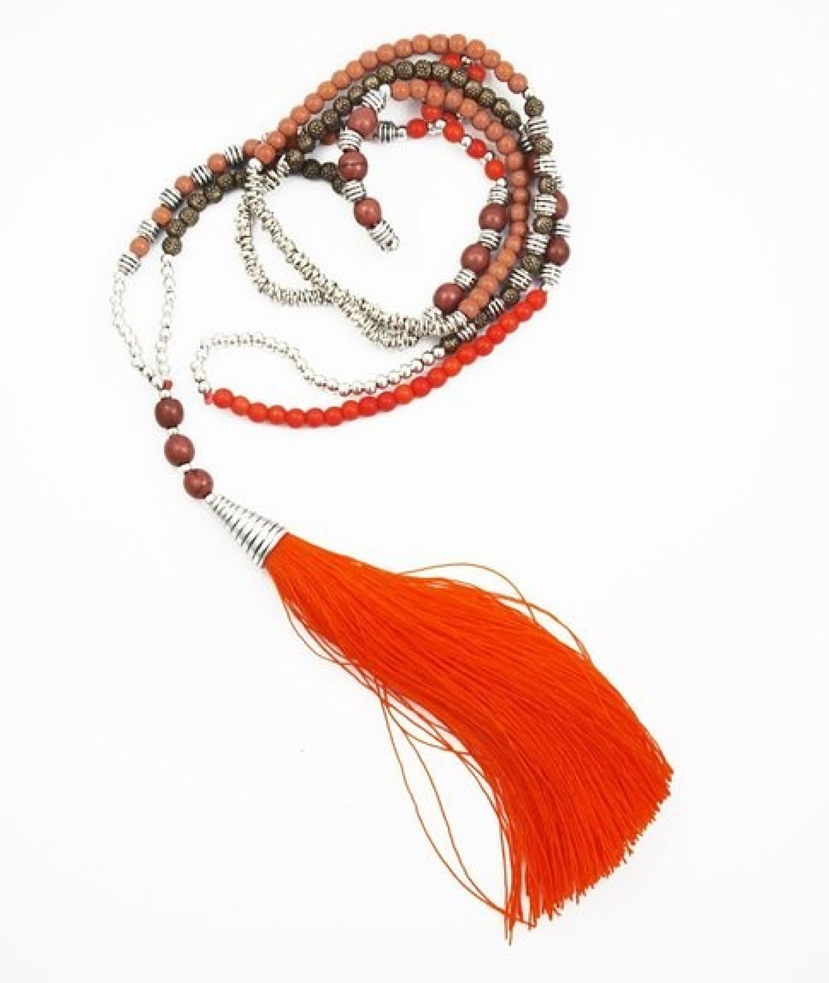 Collier pompon long orange et gris