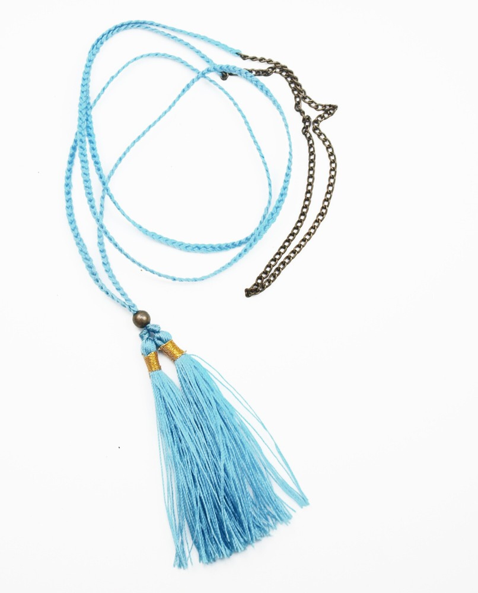 Collier turquoise long en coton avec pompon