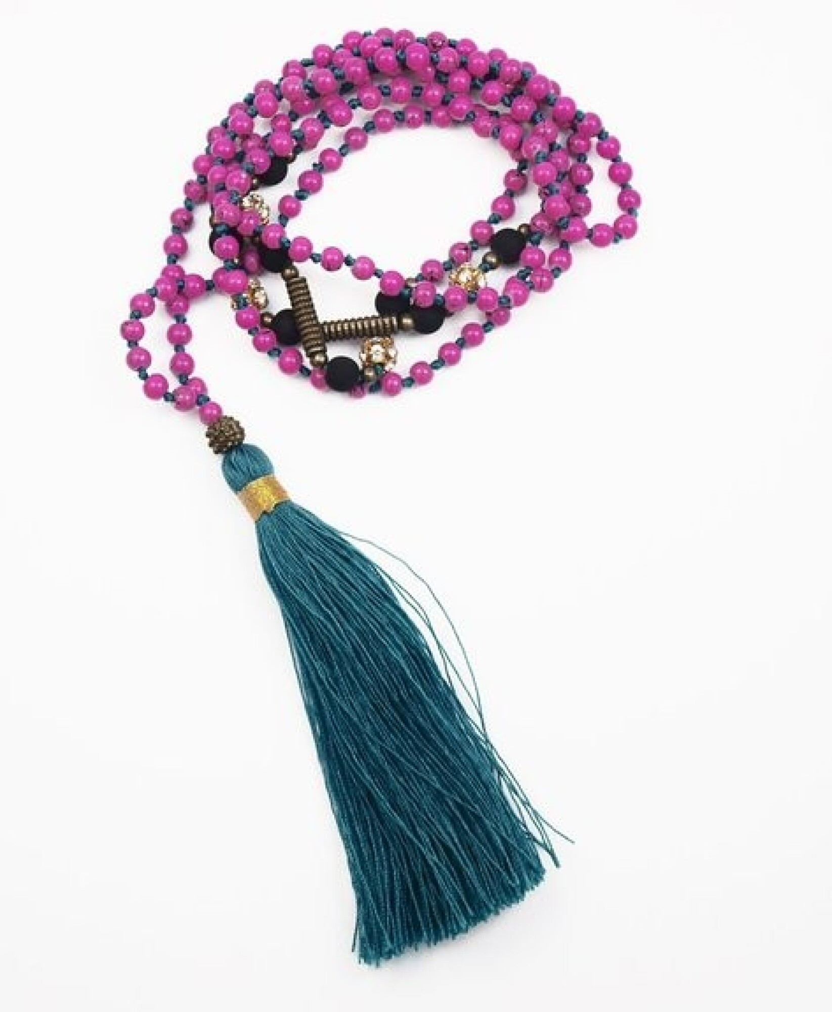 Long collier, perles rose fuschia, pompon vert foncé, perles de strass et noir
