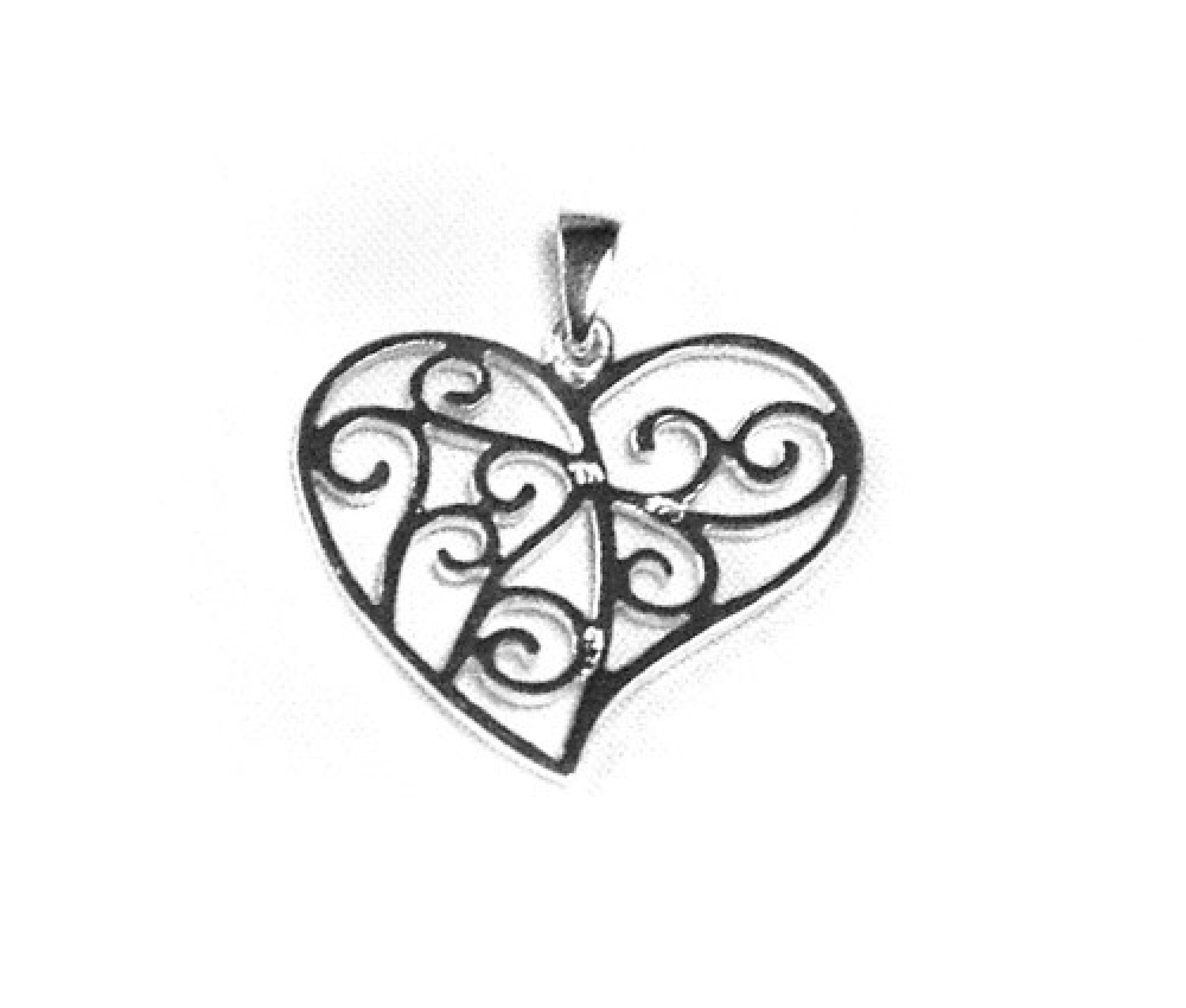 Pendentif en argent forme coeur ajouré, motifs spirales