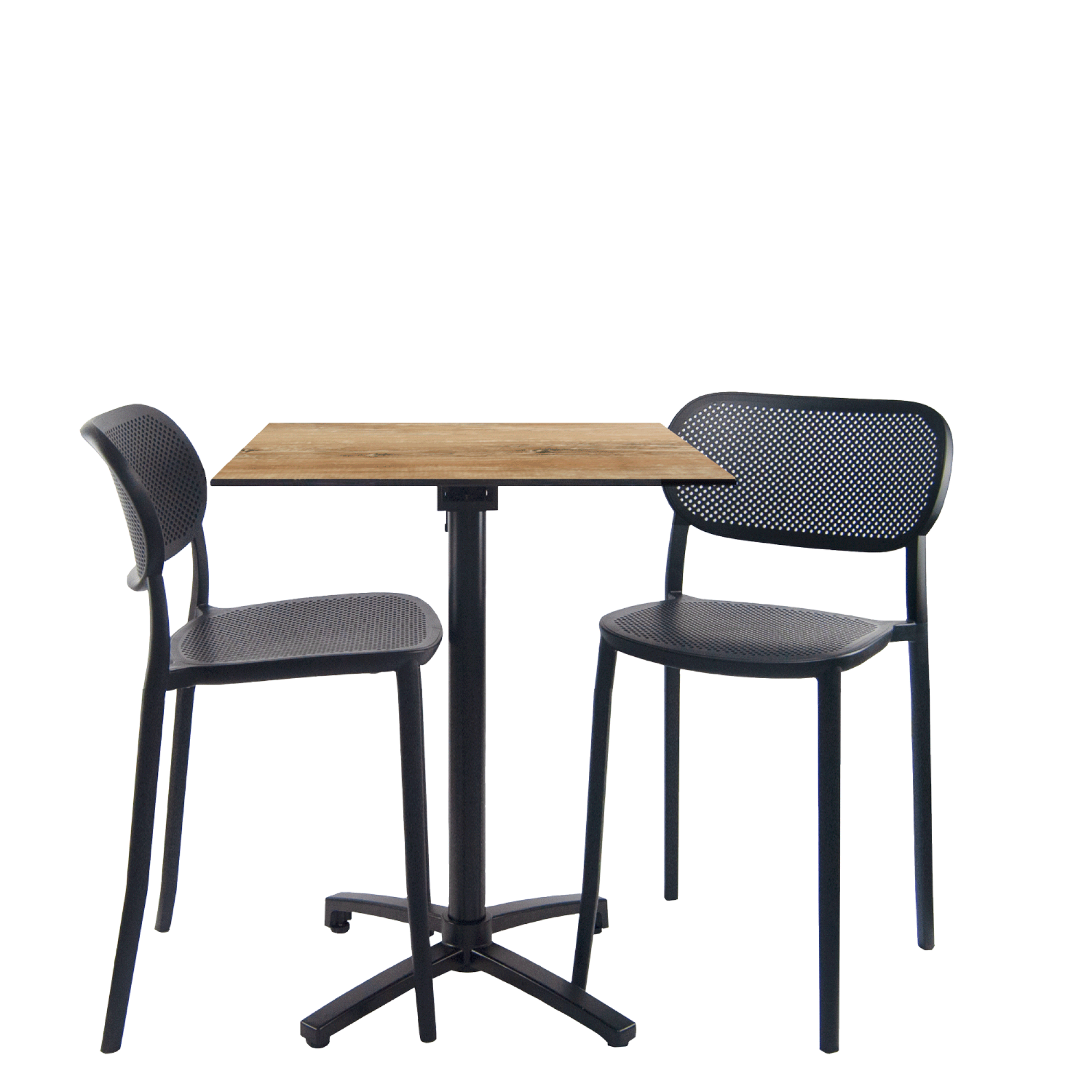 Lot de 1 table pliable bois vintage h90cm + 2 chaises hautes pour terrasse