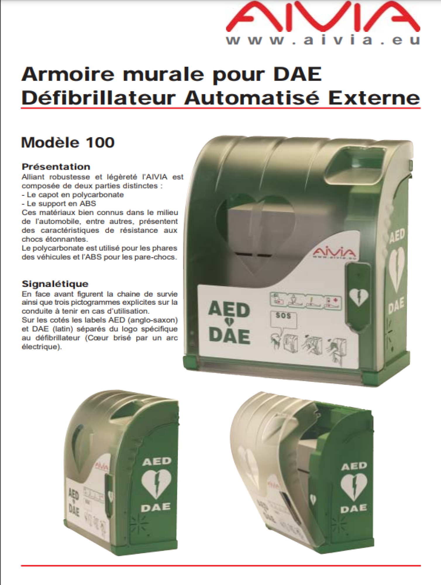 Armoire murale pour DAE Défibrillateur Automatisé Externe AIVIA 100